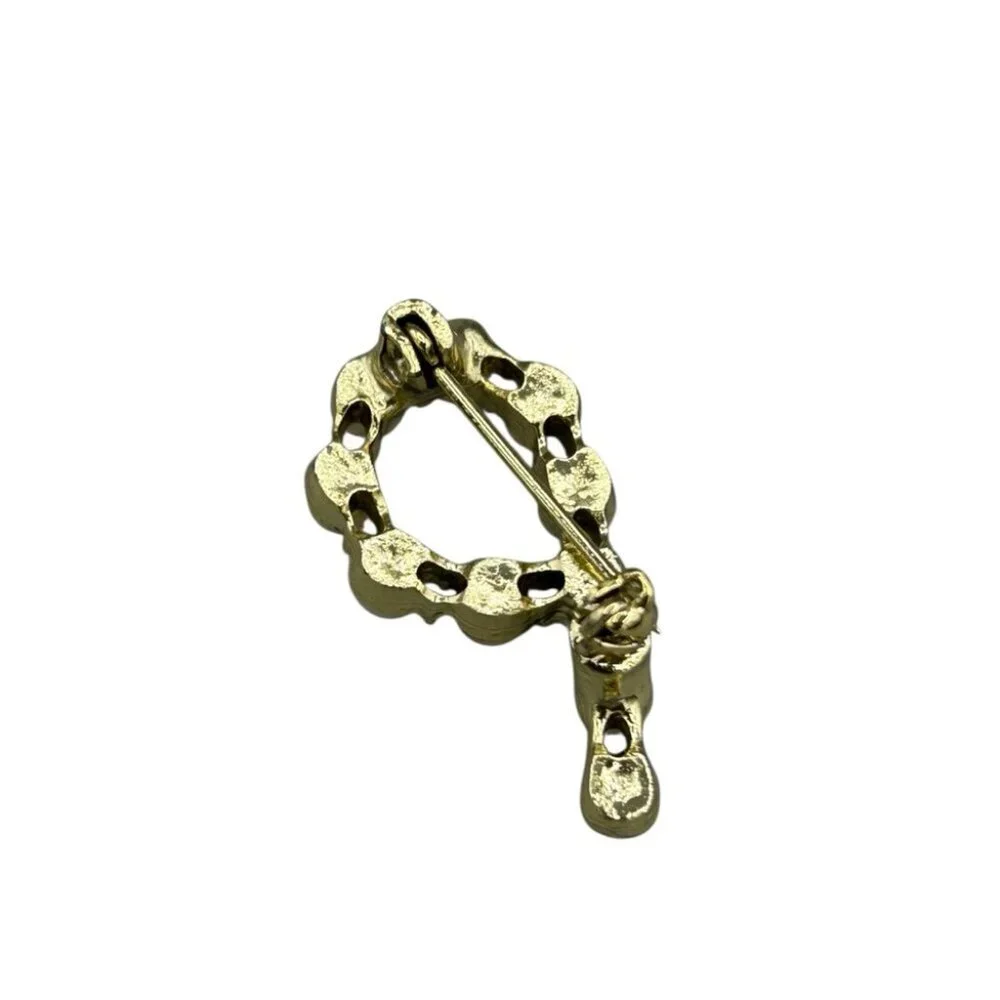 Vintage Faux Pearl Wreath Brooch Gold Tone Circle Dangle Pin Classic